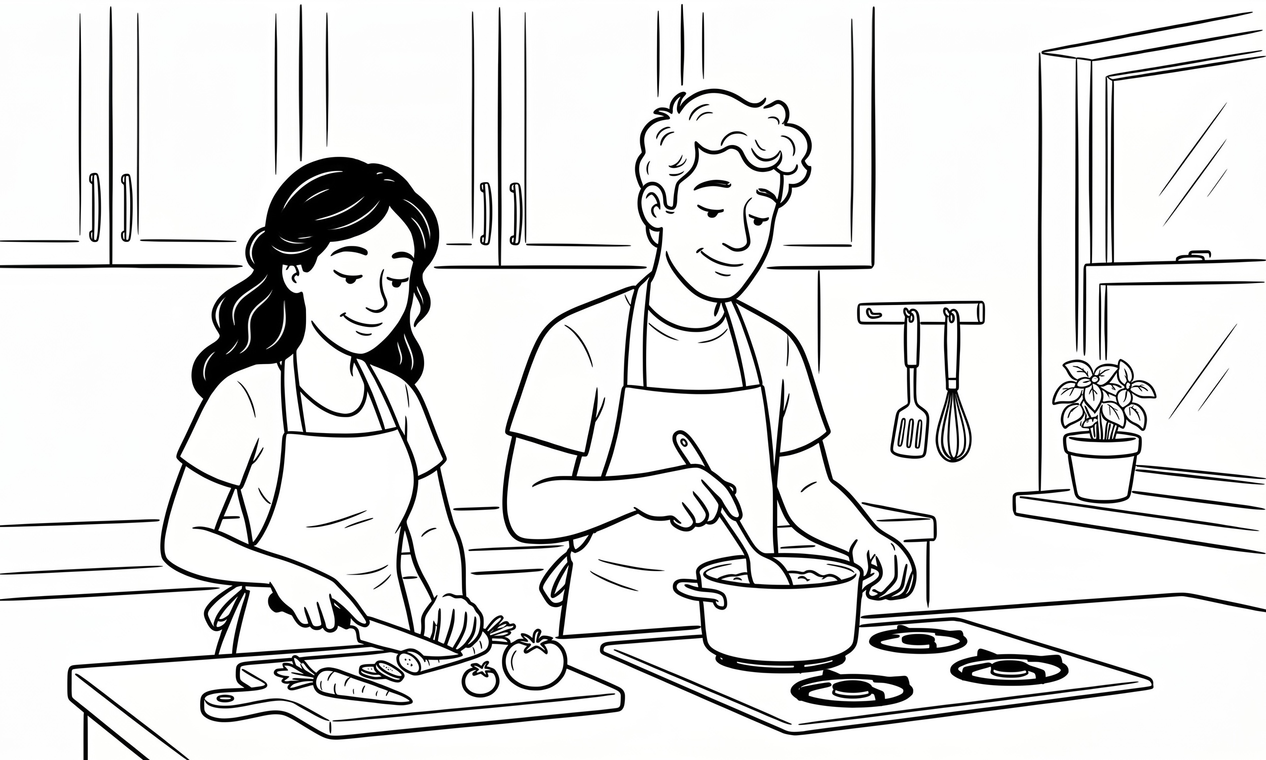 A couple cooking together in their kitchen