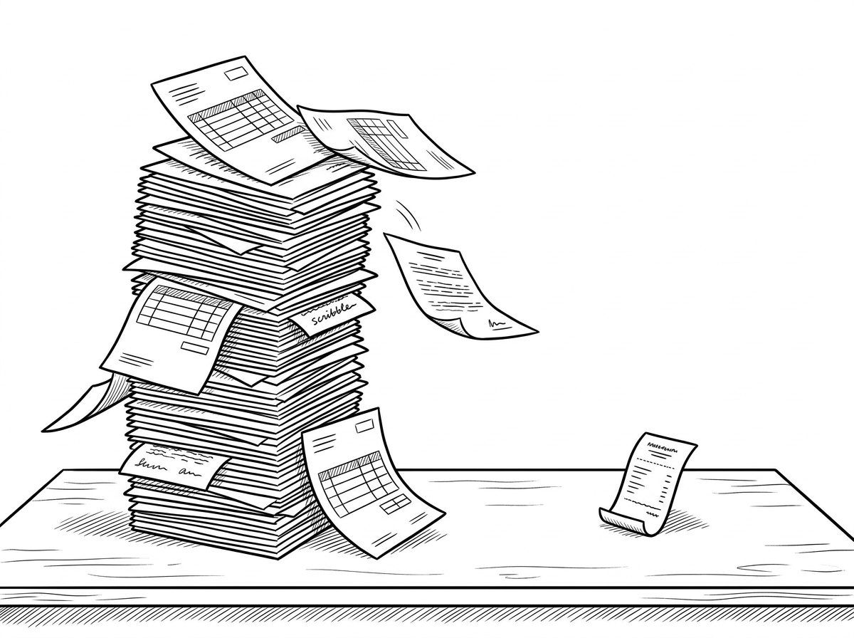 A toppling stack of legal bills beside one small receipt